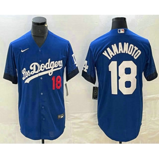 Men's Los Angeles Dodgers #18 Yoshinobu Yamamoto Number Blue 2021 City Connect Cool Base Stitched Jersey - Ujersey