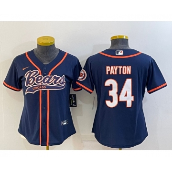 Women's Chicago Bears #34 Walter Payton Navy With Patch Cool Base Stitched Baseball Jersey - Ujersey