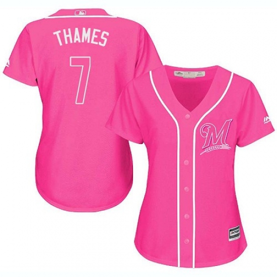 Women's Majestic Milwaukee Brewers #7 Eric Thames Authentic Pink Fashion Cool Base MLB Jersey - Ujersey