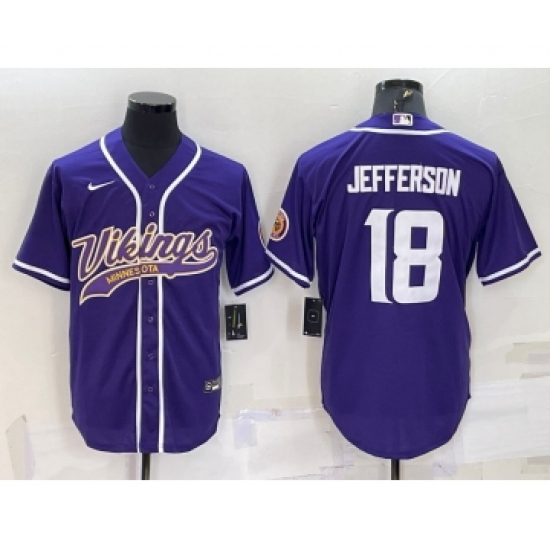 Men's Minnesota Vikings #18 Justin Jefferson Purple With Patch Cool Base Stitched Baseball Jersey - Ujersey