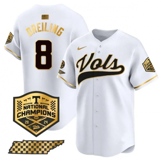 Men's Tennessee Volunteers #8 Dylan Dreiling White Gold 2024 Champions Vapor Limited Baseball Stitched Jersey - Ujersey