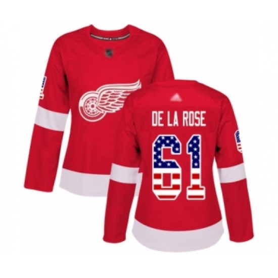 Women's Detroit Red Wings #61 Jacob de la Rose Authentic Red USA Flag Fashion Hockey Jersey - Ujersey