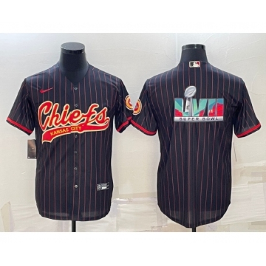 Men's Kansas City Chiefs Black With Super Bowl LVII Big Logo Cool Base Stitched Baseball Jersey - Ujersey