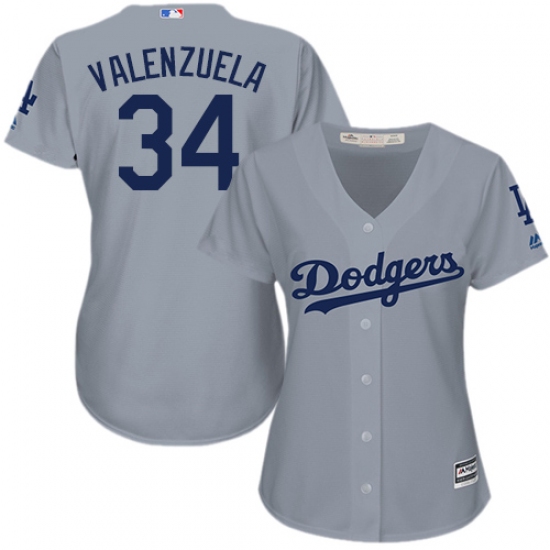 Women's Majestic Los Angeles Dodgers #34 Fernando Valenzuela Authentic Grey Road Cool Base MLB Jersey - Ujersey
