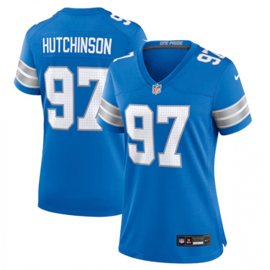 Women's Detroit Lions #97 Aidan Hutchinson Blue Stitched Jersey(Run Smaller) - Ujersey