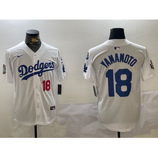 Men's Los Angeles Dodgers #18 Yoshinobu Yamamoto White 2024 World Series With Fernando Memorial Home Limited Stitched Baseball Jerseys - Ujersey