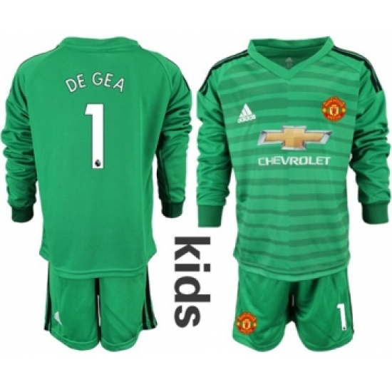 Manchester United #1 De Gea Green Goalkeeper Long Sleeves Kid Soccer Club Jersey