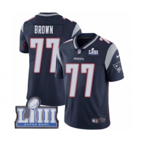 Men's Nike New England Patriots #77 Trent Brown Navy Blue Team Color Vapor Untouchable Limited Player Super Bowl LIII Bound NFL Jersey - Ujersey