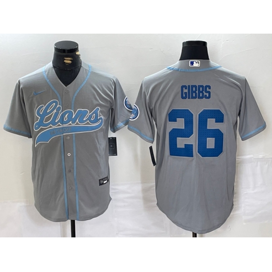 Men's Detroit Lions #26 Jahmyr Gibbs Grey With Cool Base Stitched Baseball Jersey