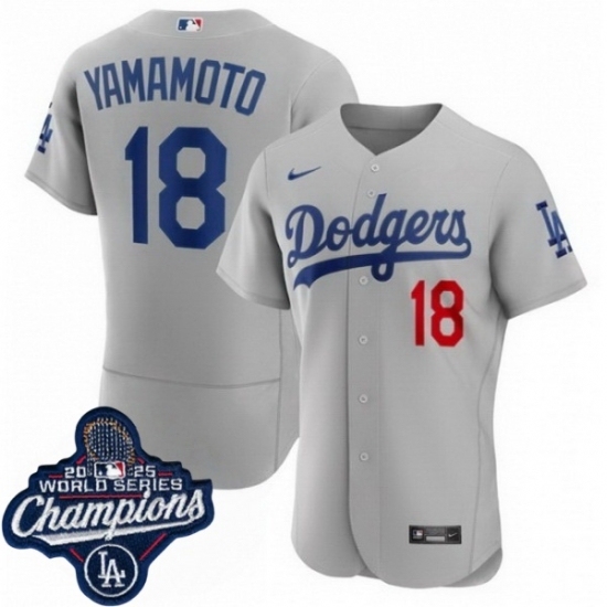 Men's Los Angeles Dodgers 18 Yoshinobu Yamamoto Cool Base 2025 World Champions Stitched Baseball Jersey Gray - Ujersey