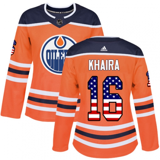 Women's Adidas Edmonton Oilers #16 Jujhar Khaira Authentic Orange USA Flag Fashion NHL Jersey - Ujersey