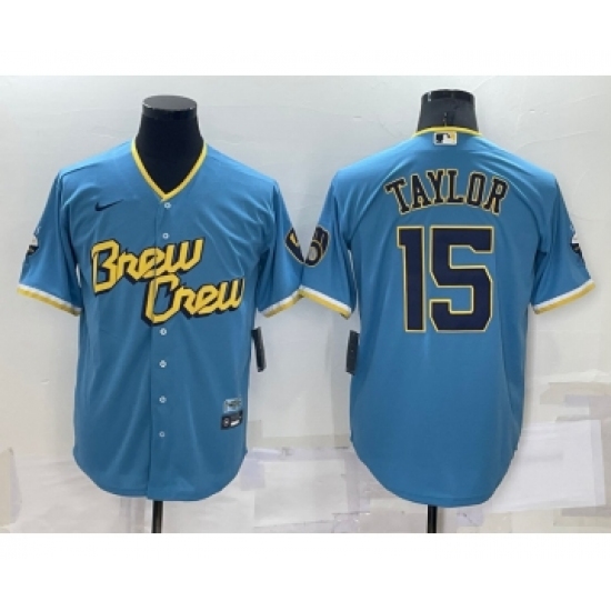 Men's Milwaukee Brewers #15 Tyrone Taylor Blue 2022 City Connect Cool Base Stitched Jersey - Ujersey