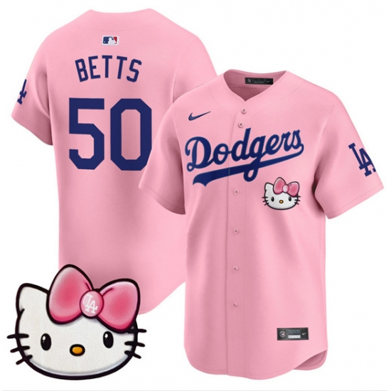 Men's Los Angeles Dodgers #50 Mookie Betts Pink 2025 Hello Kitty Vapor Limited Stitched Baseball Jersey - ujerseystore
