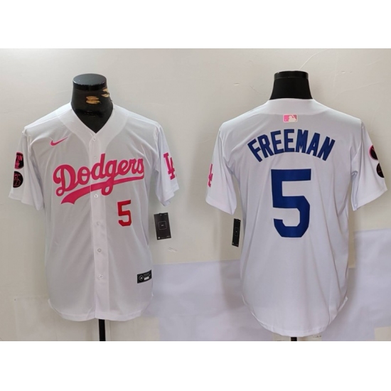 Men's Los Angeles Dodgers #5 Freddie Freeman White Pink Vin & Kobe Stitched Baseball Jerseys - Ujersey