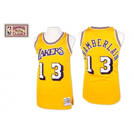 Men's Mitchell and Ness Los Angeles Lakers #13 Wilt Chamberlain Authentic Gold Throwback NBA Jersey - Ujersey