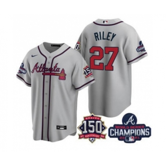 Men's Atlanta Braves #27 Austin Riley 2021 Grey World Series Champions With 150th Anniversary Patch Cool Base Stitched Jersey - Ujersey