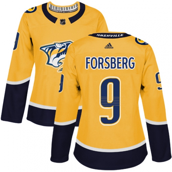 Women's Adidas Nashville Predators #9 Filip Forsberg Authentic Gold Home NHL Jersey - Ujersey