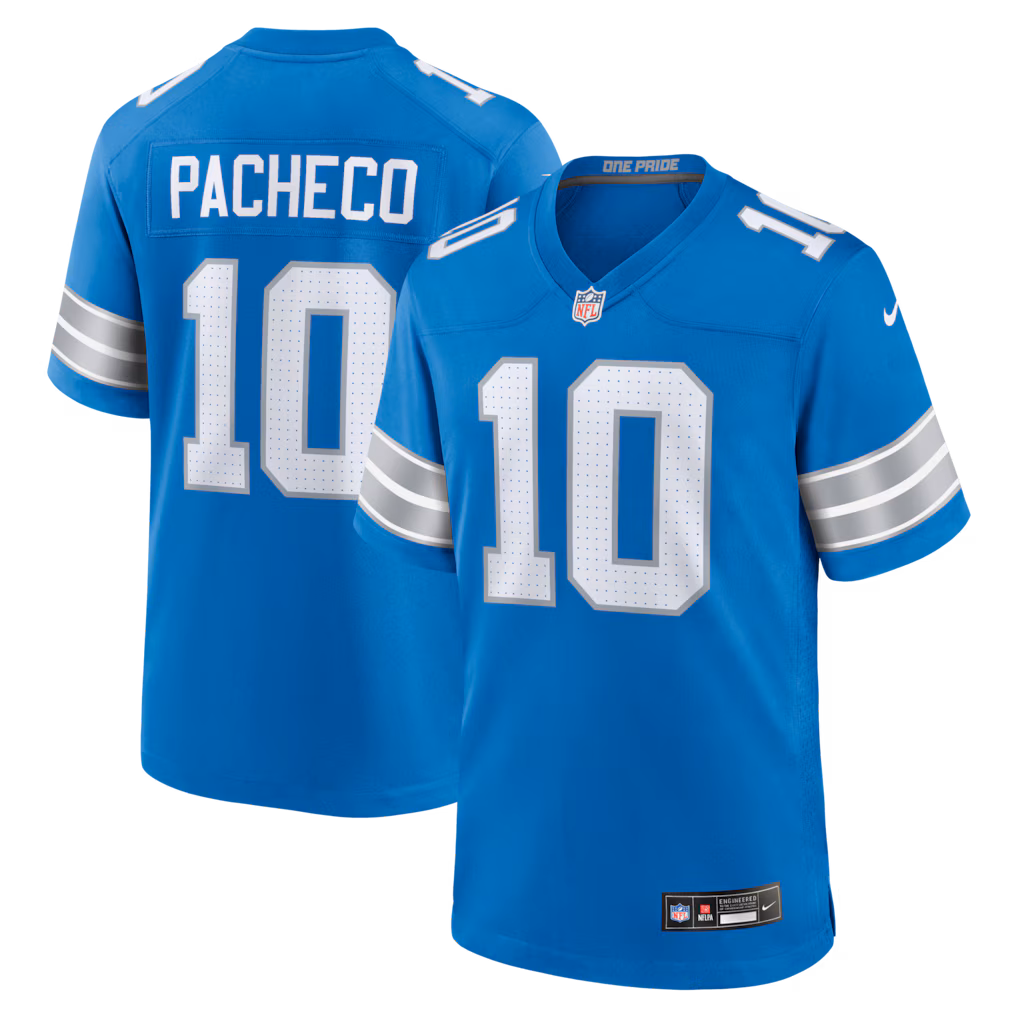 Men's Detroit Lions Isiah Pacheco Nike Blue Team Game Jersey - Ujersey Shop