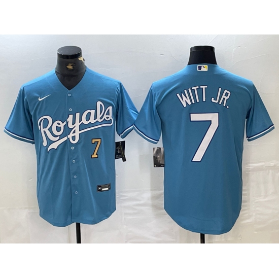 Men's Kansas City Royals #7 Bobby Witt Jr Number Light Blue Cool Base Stitched Jersey - Ujersey