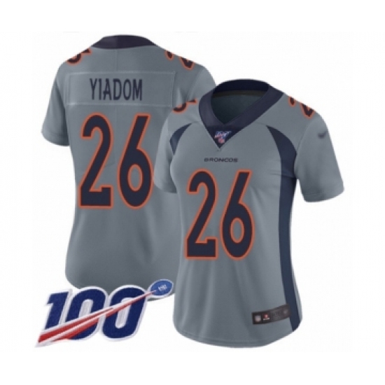 Women's Denver Broncos #26 Isaac Yiadom Limited Silver Inverted Legend 100th Season Football Jersey - Ujersey