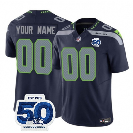 Men's Seattle Seahawks Active Player Custom Navy 2025 F.U.S.E. 50th Anniversary Patch Vapor Limited Stitched Jersey