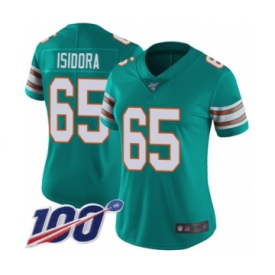 Women's Miami Dolphins #65 Danny Isidora Aqua Green Alternate Vapor Untouchable Limited Player 100th Season Football Jersey - Ujersey