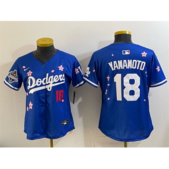 Women's Los Angeles Dodgers #18 Yoshinobu Yamamoto Royal 2025 World Series Champions Tokyo Series Limited Stitched Baseball Jersey(Run Small)