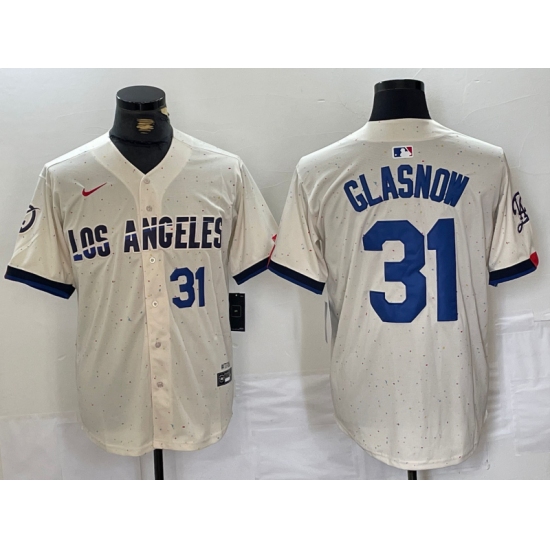 Men's Los Angeles Dodgers #31 Tyler Glasnow Number Cream Blue 2024 City Connect Limited Stitched Jerseys - Ujersey