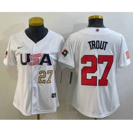 Women's USA Baseball #27 Mike Trout Number 2023 White World Classic Replica Stitched Jerseys