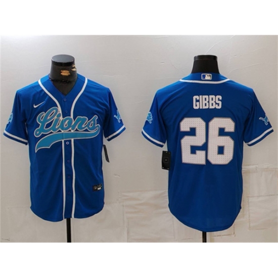 Men's Detroit Lions #26 Jahmyr Gibbs Blue Cool Base Stitched Baseball Jersey - ujerseystore