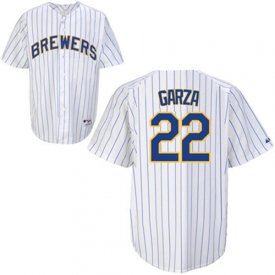Men's Majestic Milwaukee Brewers #22 Matt Garza Authentic White/Blue Strip MLB Jersey - Ujersey