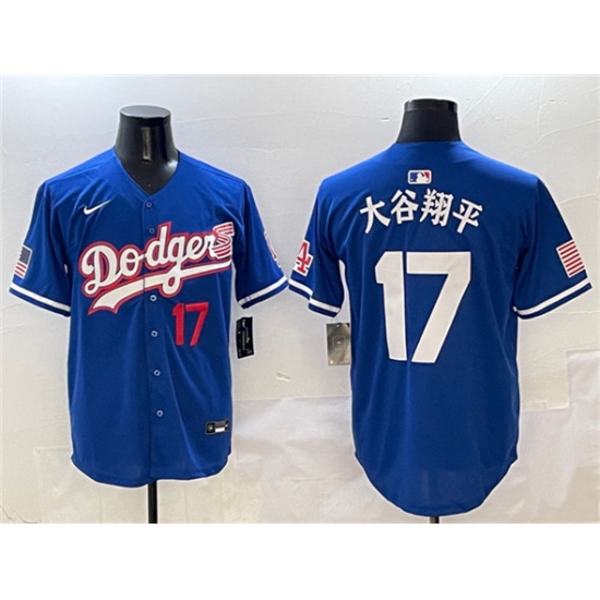 Men's Los Angeles Dodgers #17 大谷翔平 Royal With American Flag Limited Stitched Baseball Jersey - Ujersey