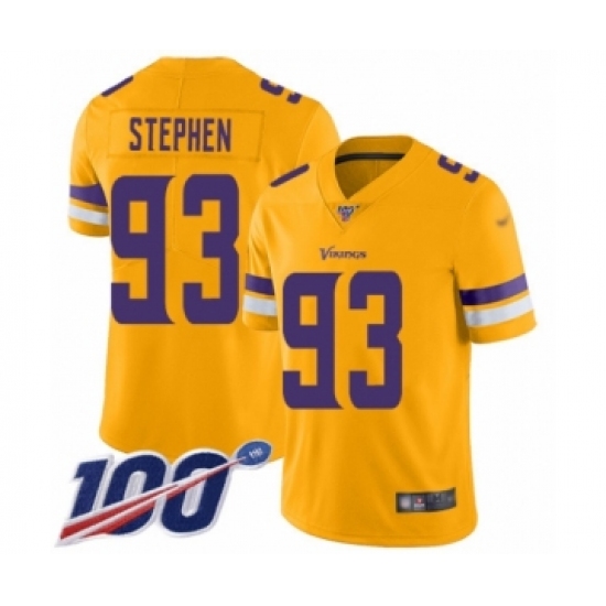 Men's Minnesota Vikings #93 Shamar Stephen Limited Gold Inverted Legend 100th Season Football Jersey - Ujersey
