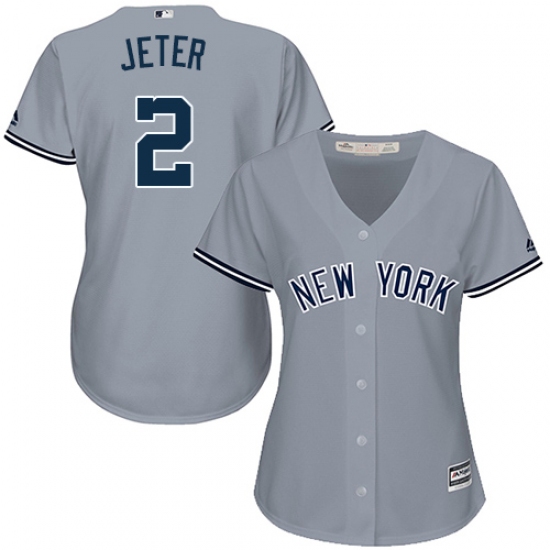 Women's Majestic New York Yankees #2 Derek Jeter Replica Grey Road MLB Jersey - Ujersey