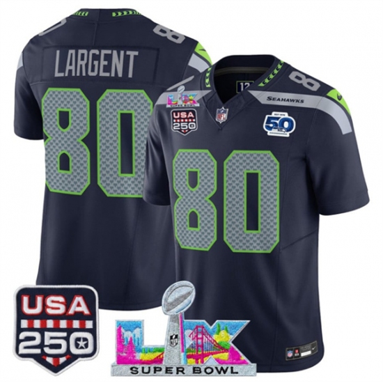 Men's Seattle Seahawks #80 Steve Largent Navy 2025 F.U.S.E. Super Bowl LX And 50th Season & USA 250 Vapor Limited Football Stitched Jersey - Ujersey