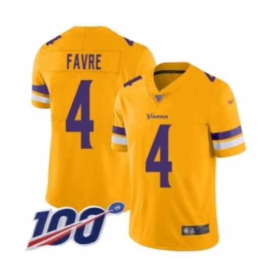 Men's Minnesota Vikings #4 Brett Favre Limited Gold Inverted Legend 100th Season Football Jersey - Ujersey