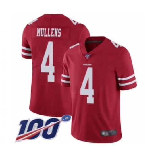 Men's San Francisco 49ers #4 Nick Mullens Red Team Color Vapor Untouchable Limited Player 100th Season Football Jersey - Ujersey