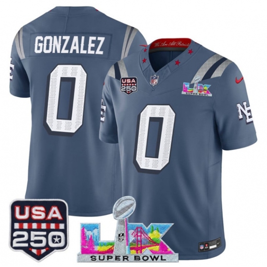 Men's New England Patriots #0 Christian Gonzalez Storm Blue 2025 F.U.S.E. Super Bowl LX & USA 250“Rivalries” Vapor Limited Football Stitched Jersey - Ujersey