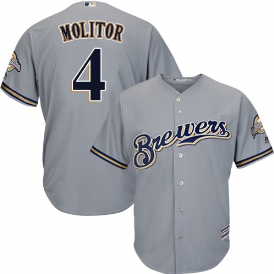 Youth Majestic Milwaukee Brewers #4 Paul Molitor Replica Grey Road Cool Base MLB Jersey - Ujersey