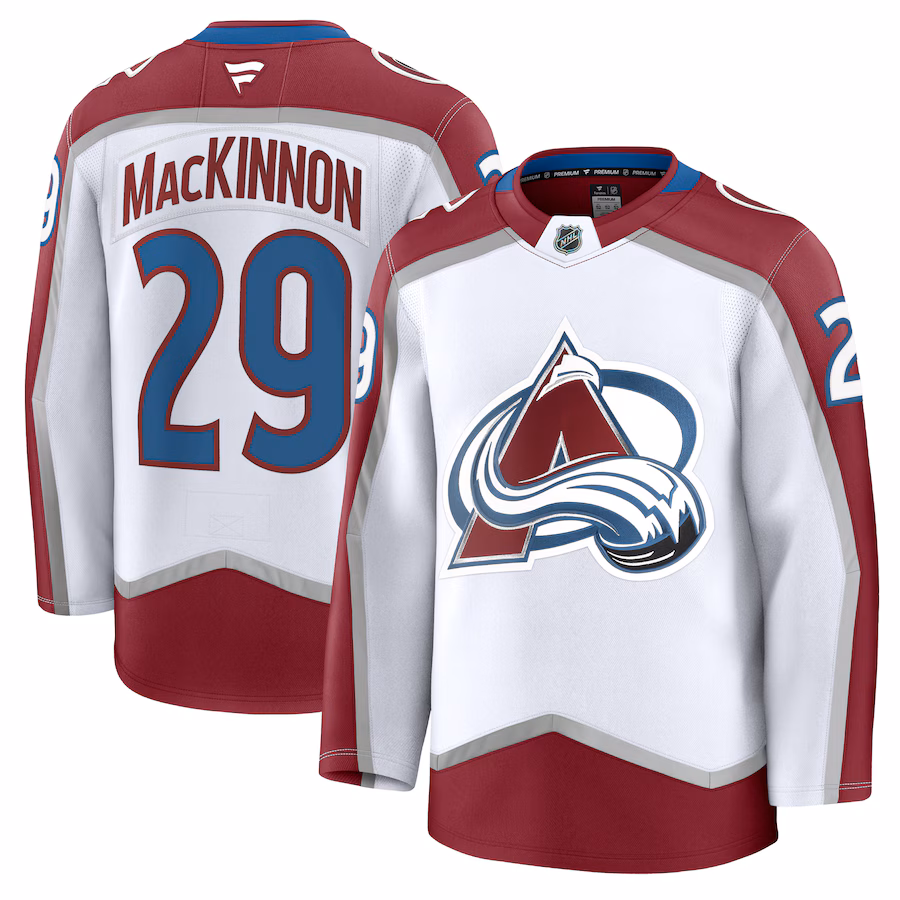 Men's Colorado Avalanche Nathan MacKinnon Fanatics White Away Premium Jersey - SUjersey01