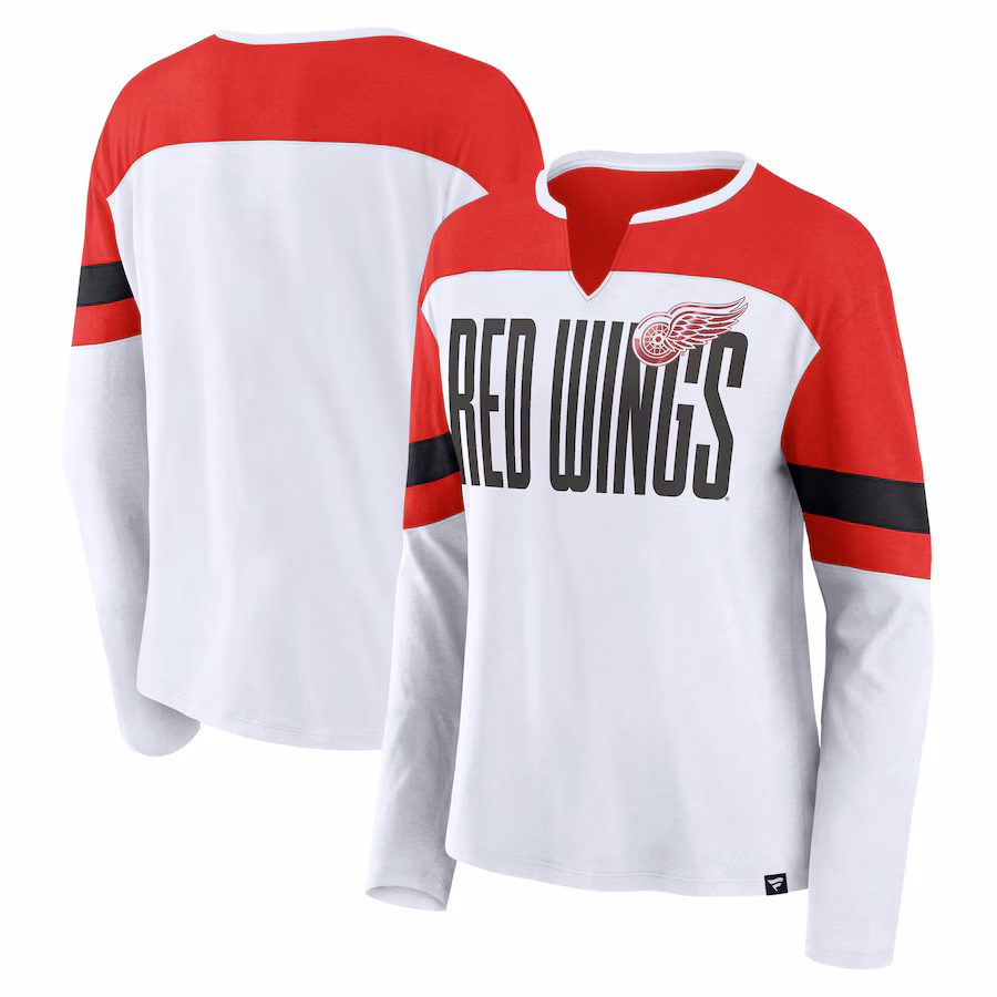 Women's Detroit Red Wings Fanatics White/Red Frozen Long Sleeve Notch Neck T-Shirt - SUjersey01