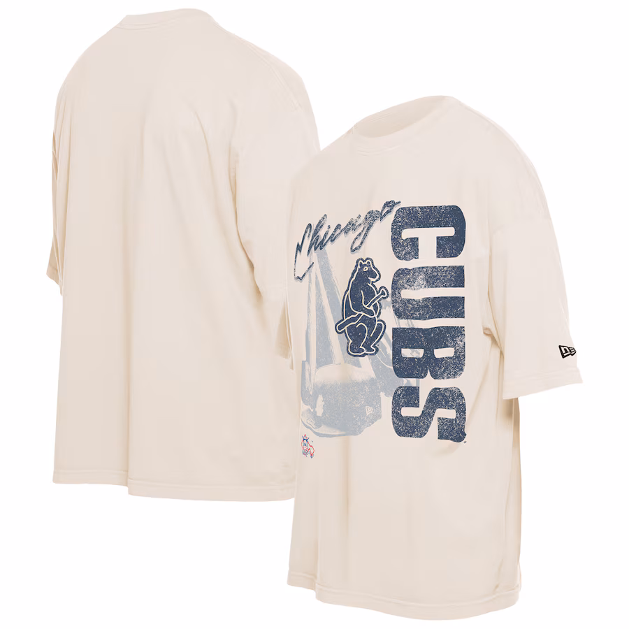 Men's Chicago Cubs New Era Cream Cooperstown Collection Oversized Throwback Distressed T-Shirt - SUjersey01