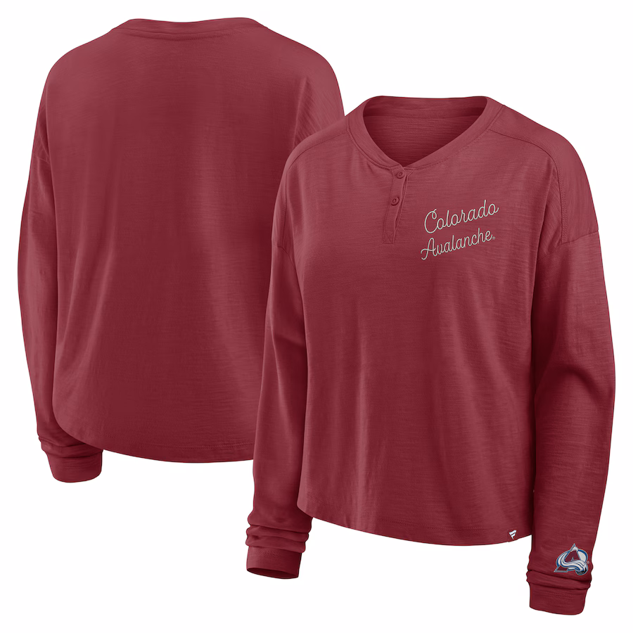 Women's Colorado Avalanche Fanatics Burgundy Oversized All Out Effort Long Sleeve Henley T-Shirt - SUjersey01
