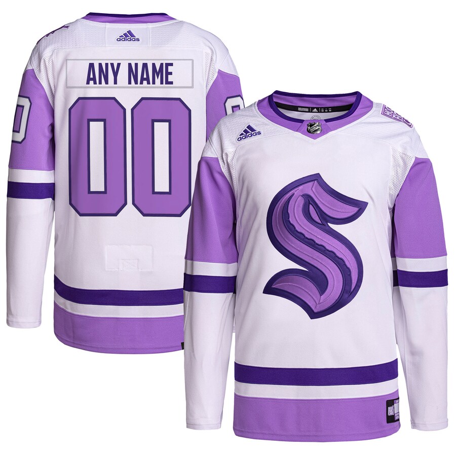 Men's Seattle Kraken adidas White/Purple Hockey Fights Cancer Primegreen Authentic Custom Jersey - SUjersey01