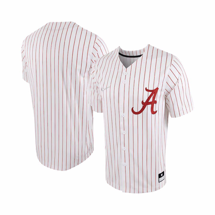 Men's Nike White/Crimson Alabama Crimson Tide Pinstripe Replica Full-Button Baseball Jersey - SUjersey01