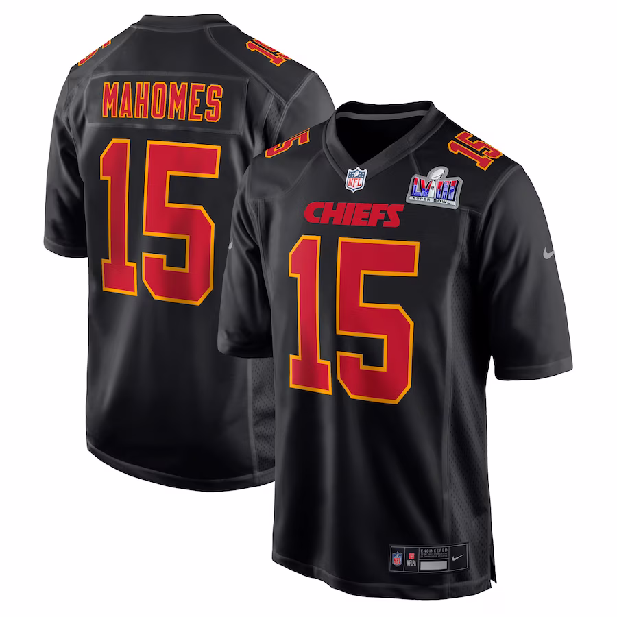 Men's Kansas City Chiefs Patrick Mahomes Nike Black Super Bowl LVIII Carbon Fashion Game Player Jersey - SUjersey01