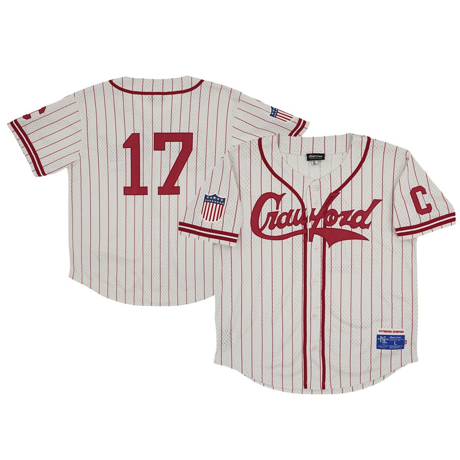 Men's Pittsburgh Crawfords #17 Rings & Crwns Cream Mesh Button-Down Replica Jersey - SUjersey01