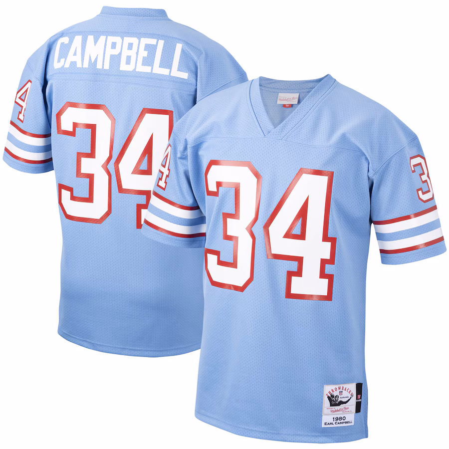 Men's Houston Oilers 1980 Earl Campbell Mitchell & Ness Light Blue Authentic Throwback Retired Player Jersey - SUjersey01