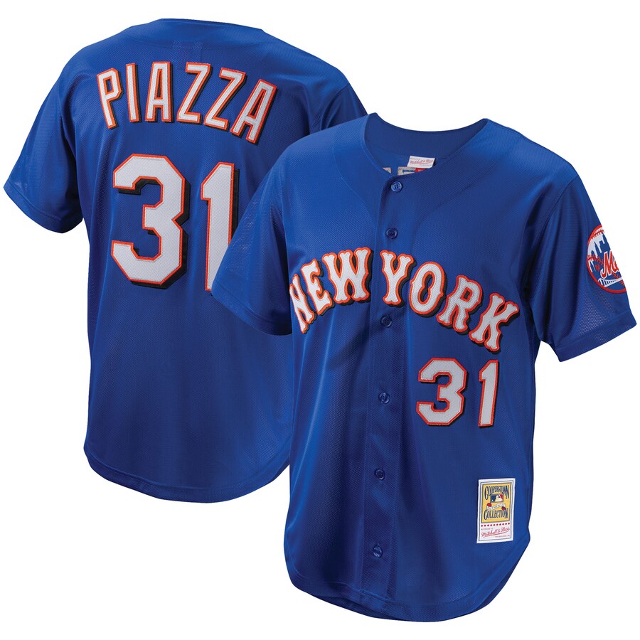 Men's New York Mets Mike Piazza Mitchell & Ness Royal Cooperstown Collection Mesh Batting Practice Button-Up Jersey - SUjersey01