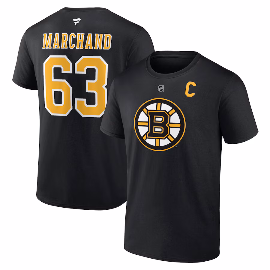 Men's Boston Bruins Brad Marchand Fanatics Black Authentic Stack Name & Number T-Shirt - SUjersey01